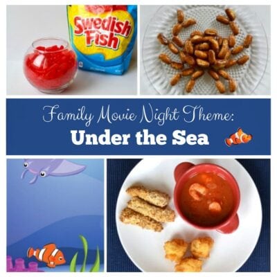 A collage with Swedish Fish candy, pretzel sticks, a bowl of soup with fish sticks, and animated sea animals creates a fun movie party theme, perfect for "Family Movie Night: Under the Sea.