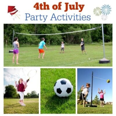 Children enjoy volleyball, badminton, and tetherball on the grass with a soccer ball nearby under a "4th of July Party Activities" banner and festive graphics, celebrating classic 4th of July party activities outdoors.