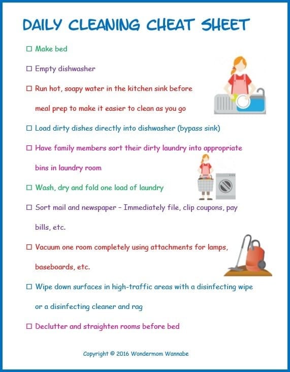 printable Daily Cleaning Cheat Sheet