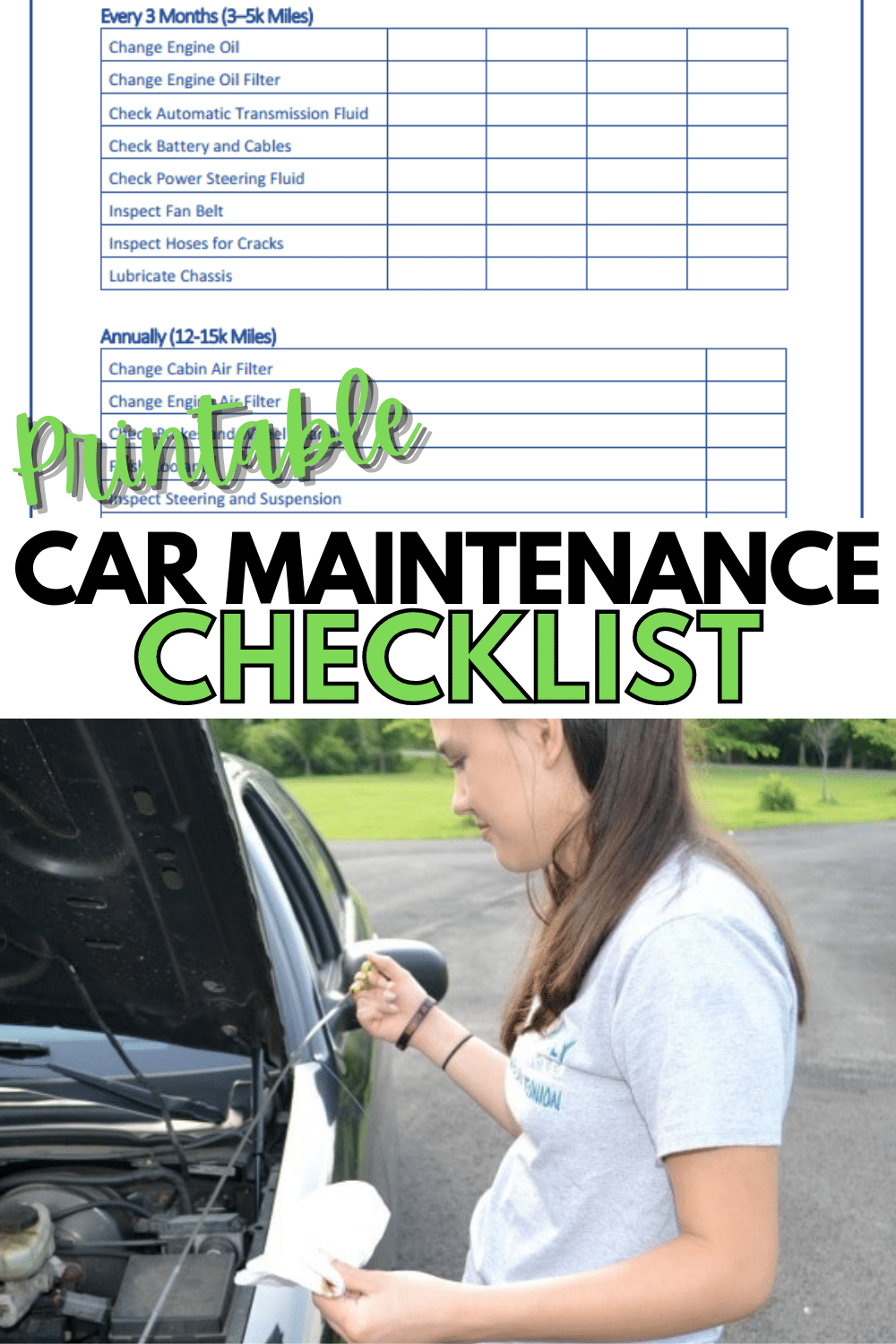 a collage of a Free Printable Car Maintenance Checklist and a teen girl checking the oil level of her car
