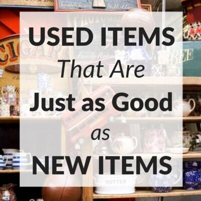 Shelves filled with assorted vintage items—mugs, tins, and a model bus—highlight that used items are just as good as new items, showcased behind bold text promoting their unique charm.