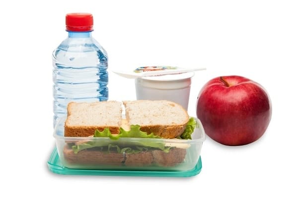 Lunch Box with a sandwich in it, next to a water bottle, yogurt and apple