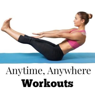 A woman in workout clothes performs a boat pose on a blue mat, showcasing the ease of anywhere workouts with the text "Anytime, Anywhere Workouts" below her.