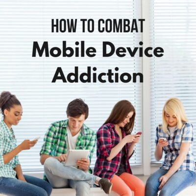 Four young people sit together, each focused on a mobile device, beneath text that reads "How to Combat Mobile Device Addiction" and highlighting the growing concern of mobile device addiction in today’s digital age.