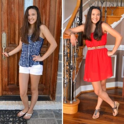 Two photos side by side show a young woman with long dark hair, wearing a blue top and white shorts in one, and a red dress with a belt in the other, both standing and smiling.