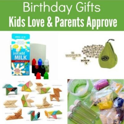 Collage of birthday gifts kids love and parents approve, featuring a milk science kit, wooden puzzles, word tiles, a green pouch, and mixing tubes with colored powders—perfect for educational fun.