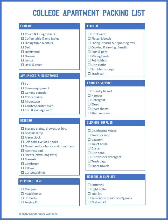 Moving out of the dorms and into an apartment is exciting. Make sure you have everything you need with this college apartment packing list. #collegeapartment #packinglist #printable #freeprintable via @wondermomwannab