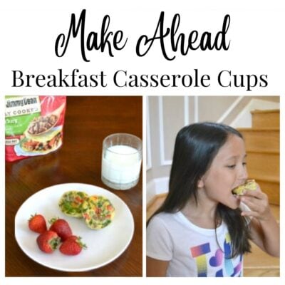 A plate with two make ahead breakfast casserole cups and strawberries sits next to a glass of milk; a girl eats a casserole cup beside wooden stairs.