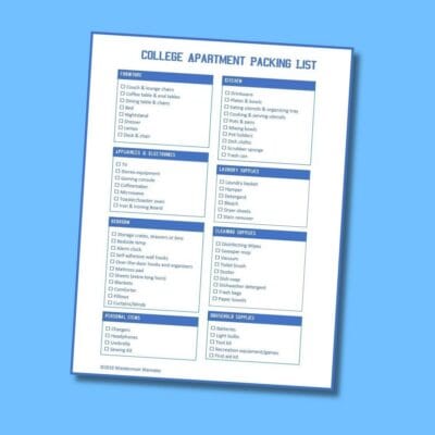 A printed college apartment packing list with sections for furniture, kitchen, appliances, bedroom, personal items, laundry, cleaning, and household supplies is displayed on a blue background.
