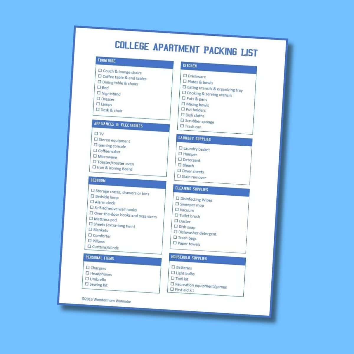A printed college apartment packing list with sections for furniture, kitchen, appliances, bedroom, personal items, laundry, cleaning, and household supplies is displayed on a blue background.