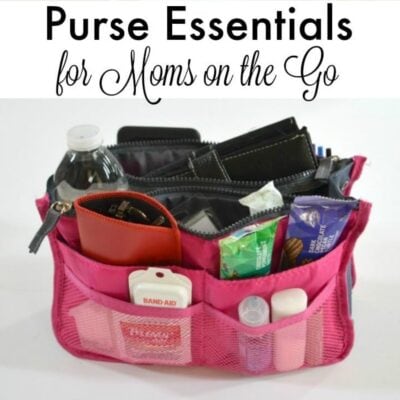 A pink purse organizer filled with purse essentials like a water bottle, wallet, band-aids, tissues, and snacks—perfect for moms on the go. Labeled "Purse Essentials for Moms on the Go.