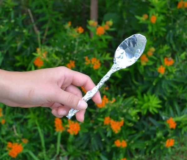 a hand holding an aluminum foil spoon with flowering plants in the background