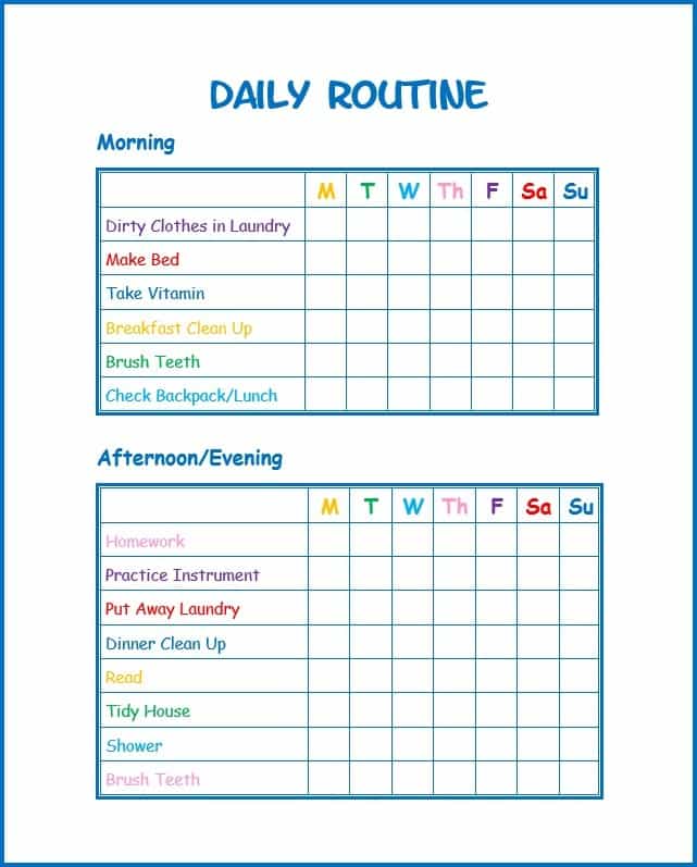 printable daily routine list for kids on a white background