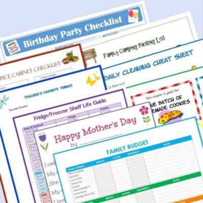 A variety of colorful free family printables, including a birthday party checklist, packing list, cleaning cheat sheet, family budget, and more, displayed in a stacked layout.