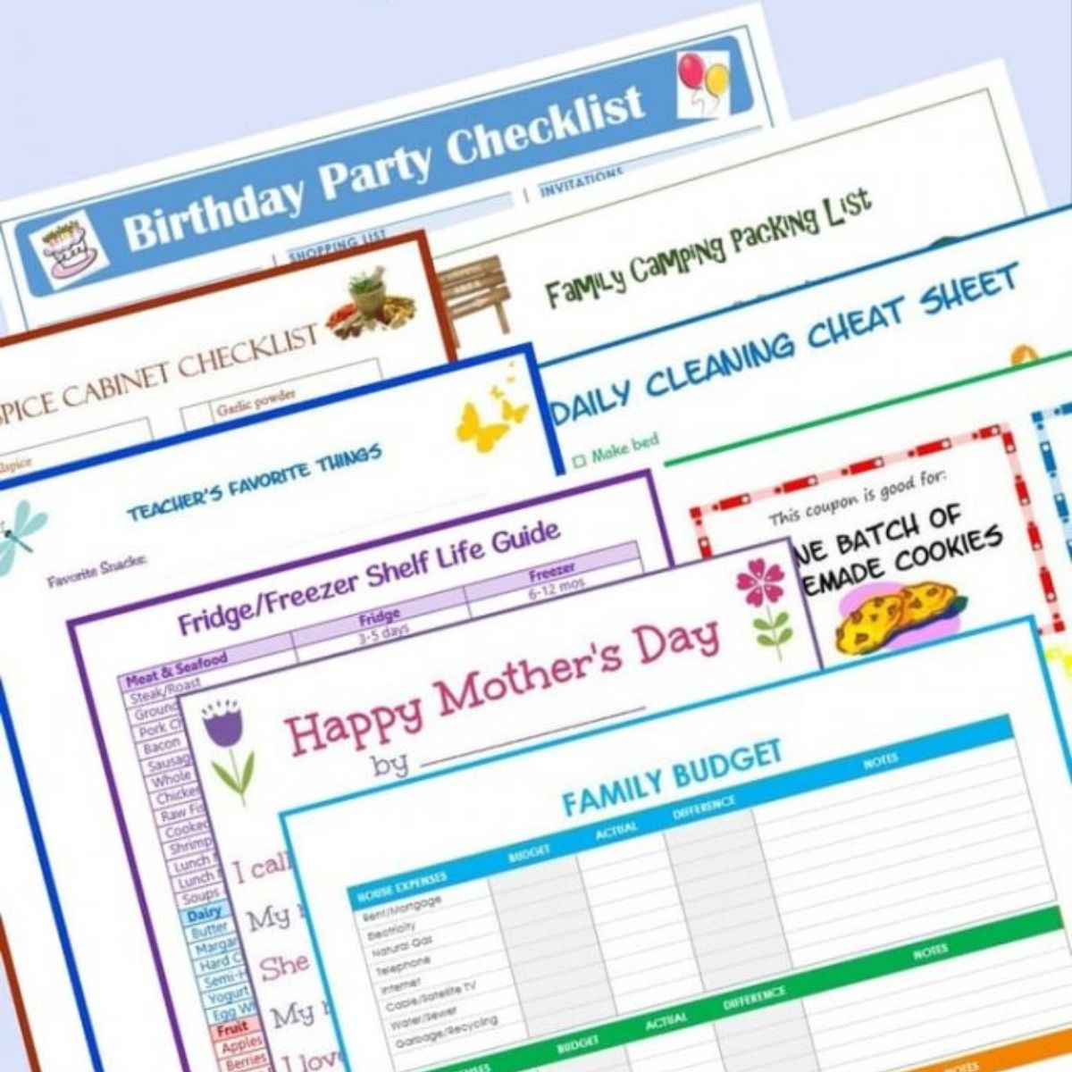 A variety of colorful free family printables, including a birthday party checklist, packing list, cleaning cheat sheet, family budget, and more, displayed in a stacked layout.