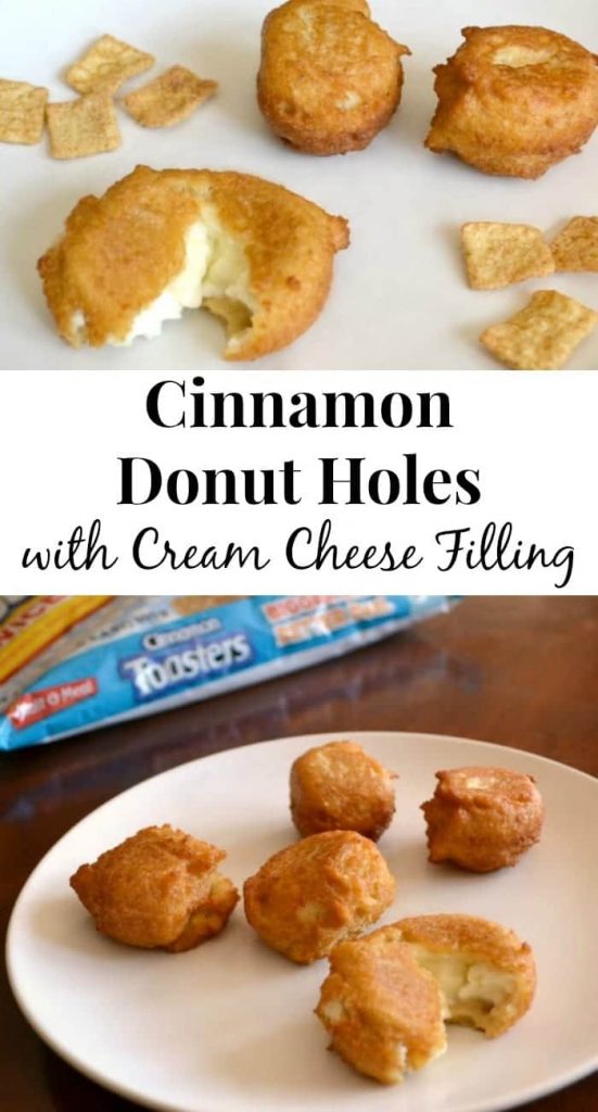 a collage of Cinnamon Donut Holes with Cream Cheese Filling on a white plate with title text reading Cinnamon Donut Holes with Cream Cheese Filling