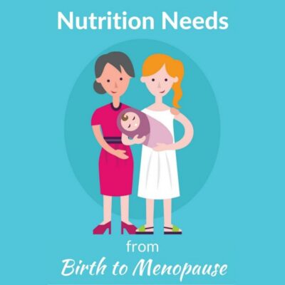 Illustration of two women, one holding a baby, with text reading "Nutrition Needs from Birth to Menopause" on a blue background, highlighting how nutrition needs change from birth through menopause.