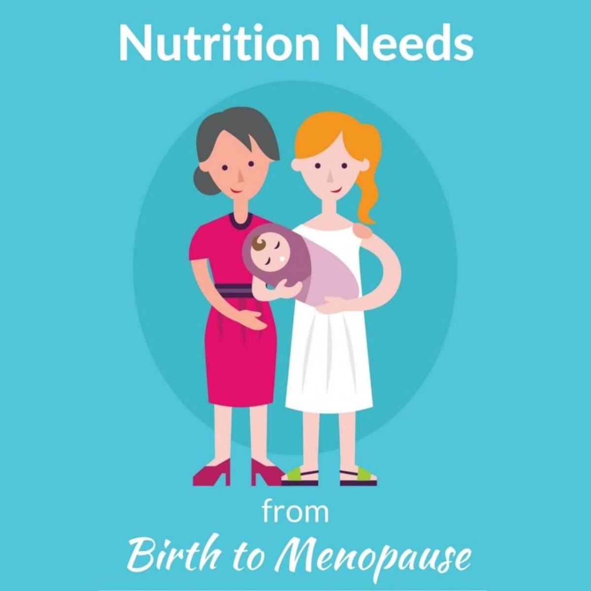 Illustration of two women, one holding a baby, with text reading "Nutrition Needs from Birth to Menopause" on a blue background, highlighting how nutrition needs change from birth through menopause.
