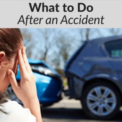 A woman stands near two cars involved in a rear-end collision, with text above reading "What Steps to Take After a Car Accident.