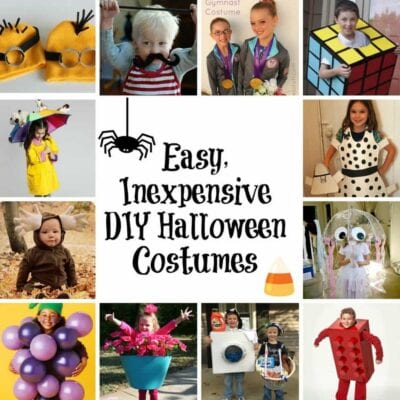 Collage of children in creative DIY Halloween costumes, including a Rubik's Cube, grapes, washing machine, and rain cloud, with text: "Easy, Inexpensive DIY Halloween Costumes." Perfect inspiration for your next costume project!.