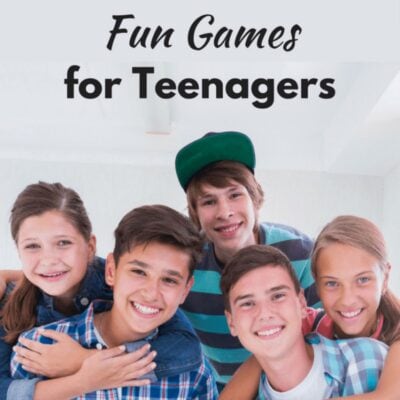 Five smiling teenagers pose together indoors under the text "Fun Games for Teenagers," highlighting exciting games for teenagers to enjoy with friends.