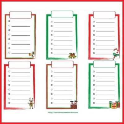 Six Christmas-themed blank checklists with red and green borders, each featuring festive illustrations like gifts, reindeer, and candy canes—perfect as a free printable Christmas shopping list.