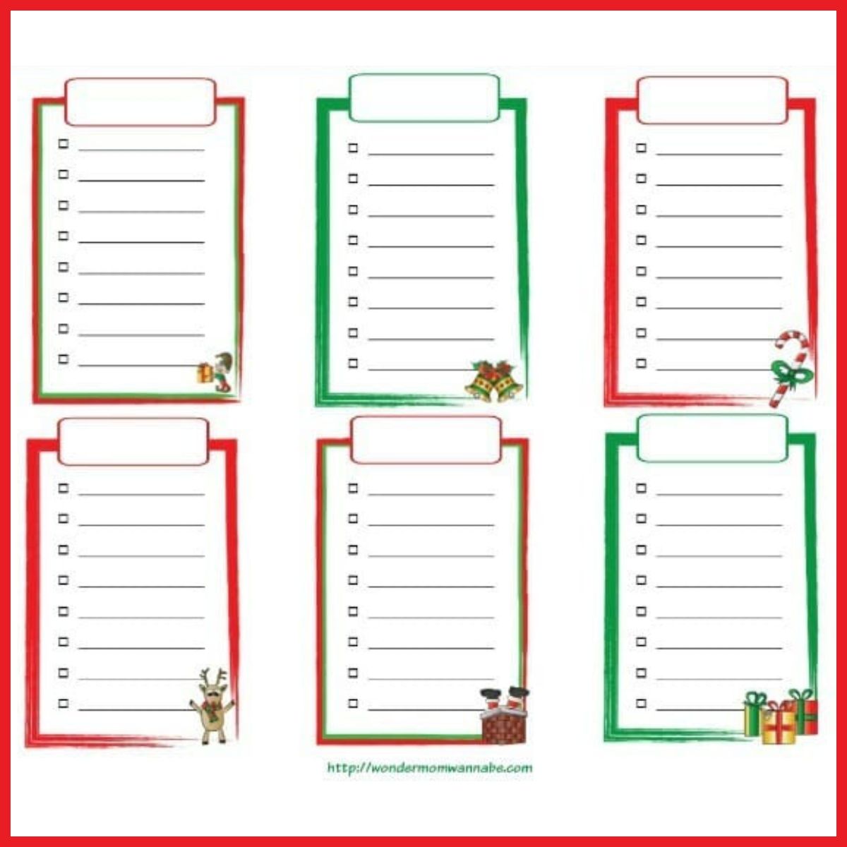Six Christmas-themed blank checklists with red and green borders, each featuring festive illustrations like gifts, reindeer, and candy canes—perfect as a free printable Christmas shopping list.