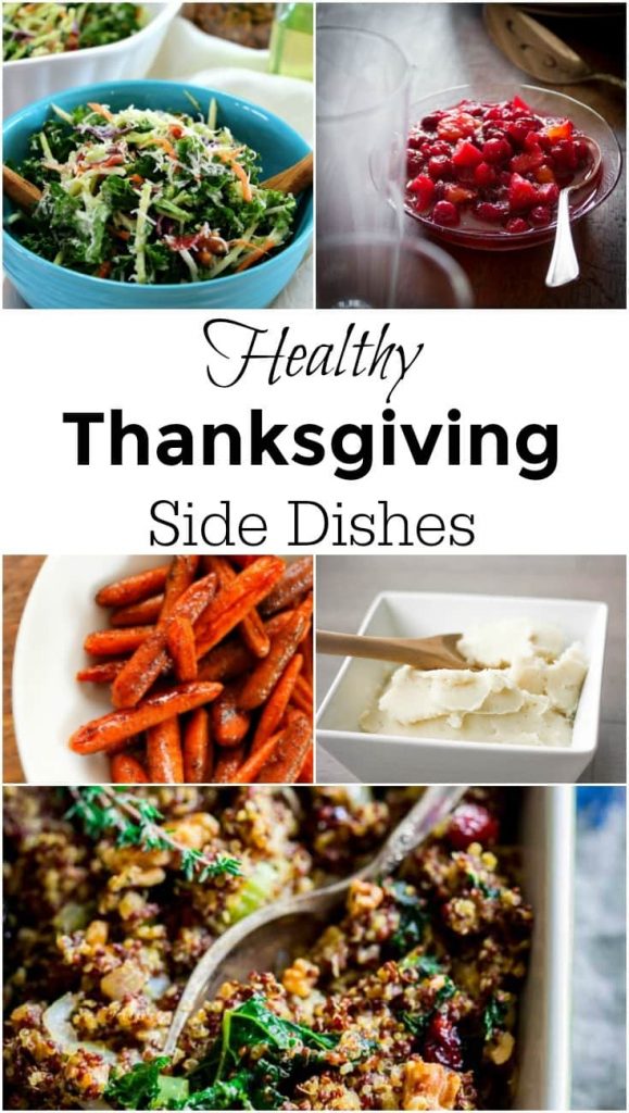 a collage of five different side dishes with title text reading Healthy Thanksgiving Side Dishes