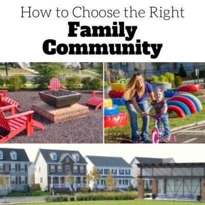 Collage showing a fire pit with red chairs, a woman helping a child ride a tricycle near playground tires, and suburban houses; text reads "How to choose the right family community.