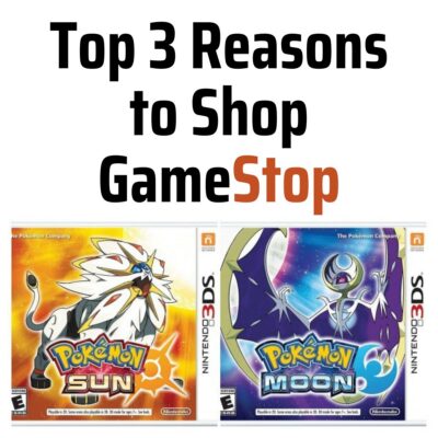 Text reads "Top 3 reasons to shop GameStop" above images of Pokémon Sun and Pokémon Moon Nintendo 3DS game covers.