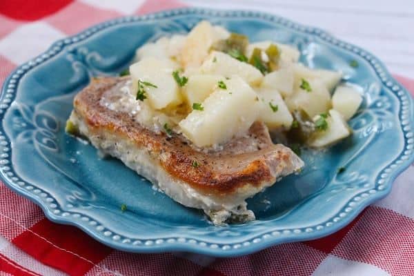 pork chops and potatoes on a red and white checkered linen