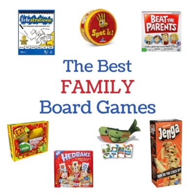 A collage of six of the best family board games surrounds the text “The Best FAMILY Board Games,” featuring Telestrations, Spot it!, Beat the Parents, Taco Cat Goat Cheese Pizza, Hedbanz, and Jenga.