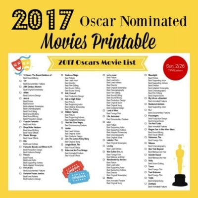 2017 Oscars movie list printable featuring checkboxes for 2017 Oscar nominated movies and categories on a yellow background, with event date and time noted.