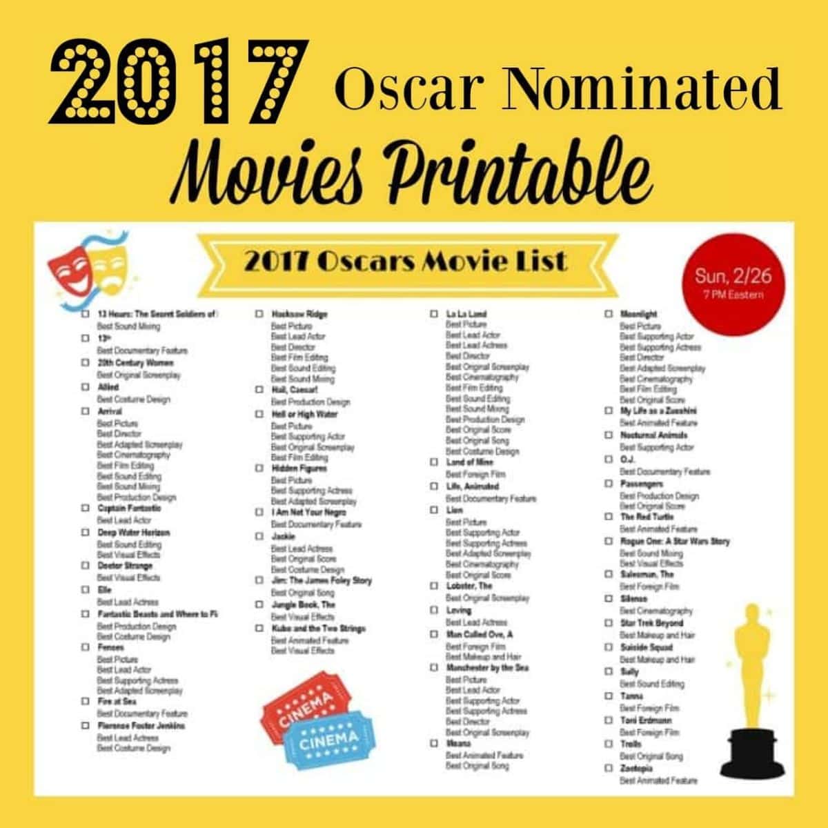 2017 Oscars movie list printable featuring checkboxes for 2017 Oscar nominated movies and categories on a yellow background, with event date and time noted.