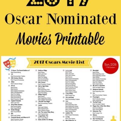 Here's a list of all the movies nominated for a 2017 Oscar. Print off the list and check off the movies you've seen and as you watch them.