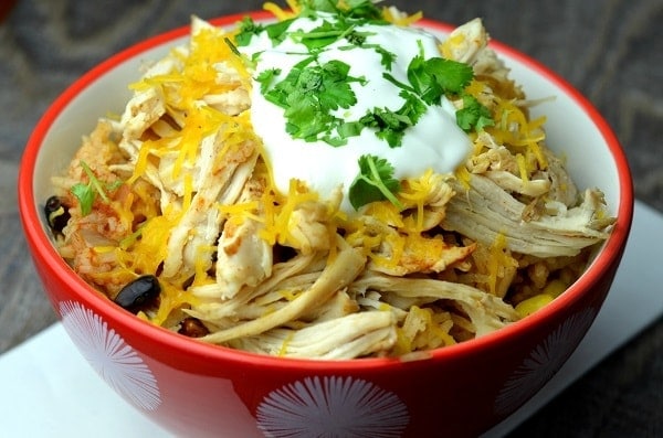 instant pot chicken taco bowls in a red bowl