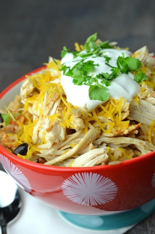 Instant Pot Chicken Taco Bowls in a red bowl