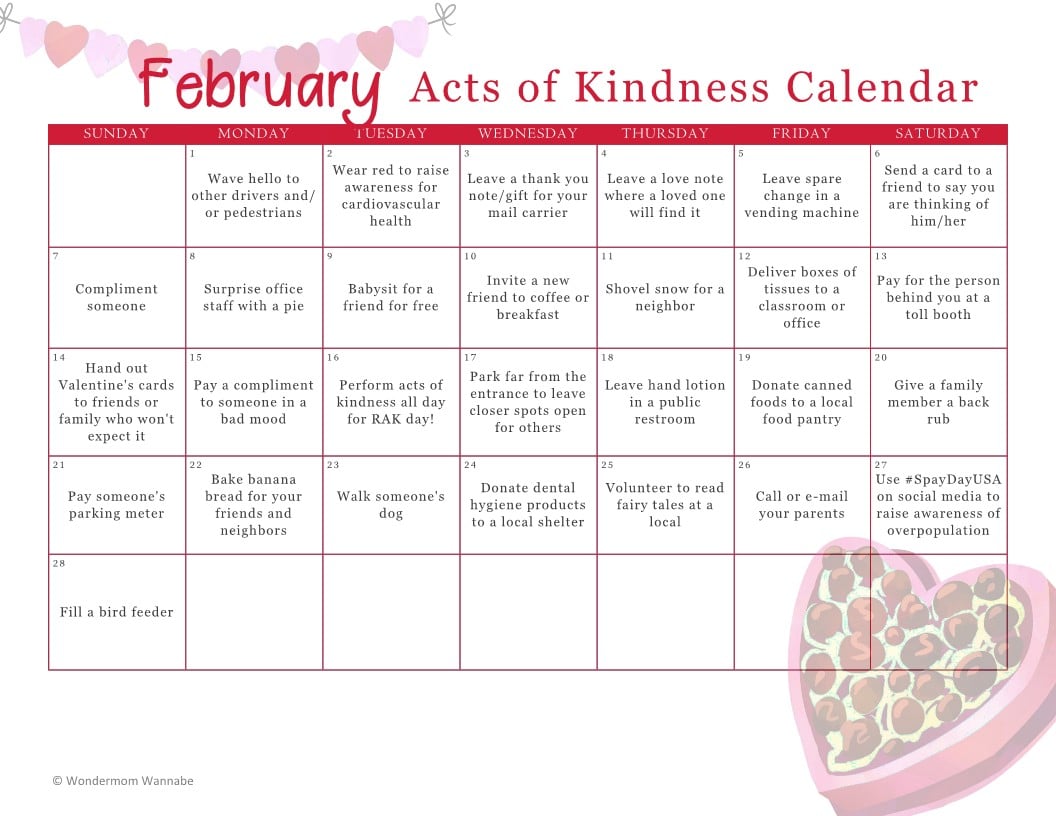 February Acts Of Kindness Calendar