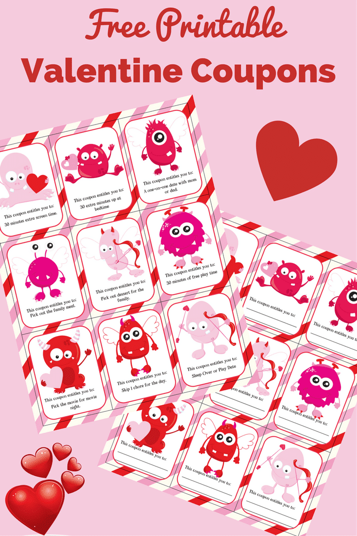 printable valentines on a pink background with red heart graphics near the top and bottom with title text reading Free Printable Valentine Coupons