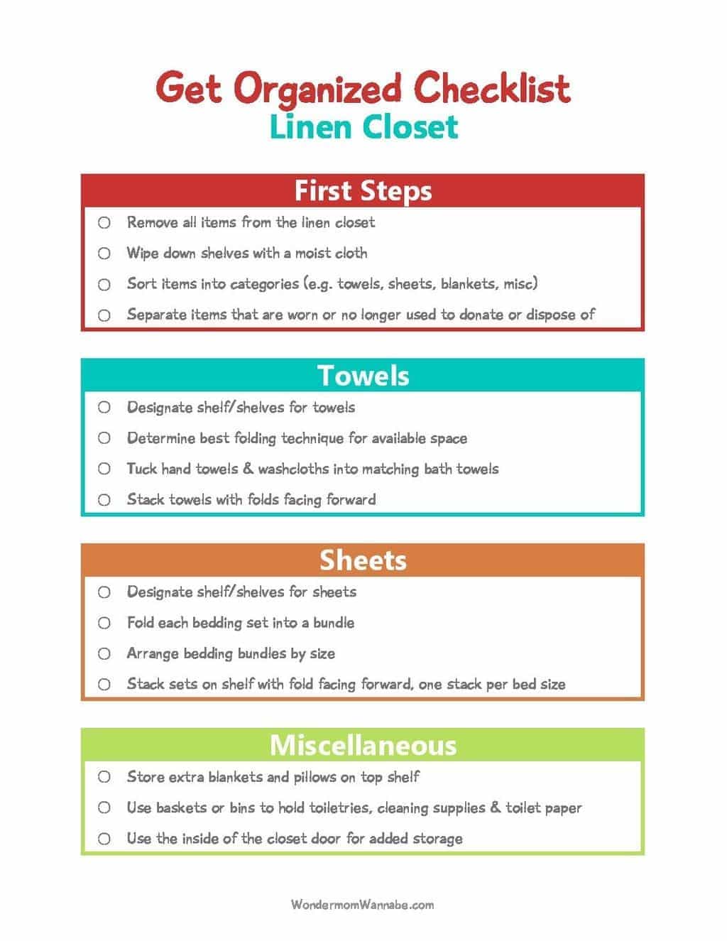 This Get Organized Checklist for Your Linen Closet will walk you through a simple process to whip your linen closet into shape. #linencloset #organize #checklist #printable via @wondermomwannab