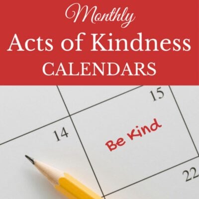 A pencil rests on a calendar with "Be Kind" written on the 15th; the header showcases "Monthly Acts of Kindness Calendars" in bold red and white text, highlighting ways to inspire kindness each month.