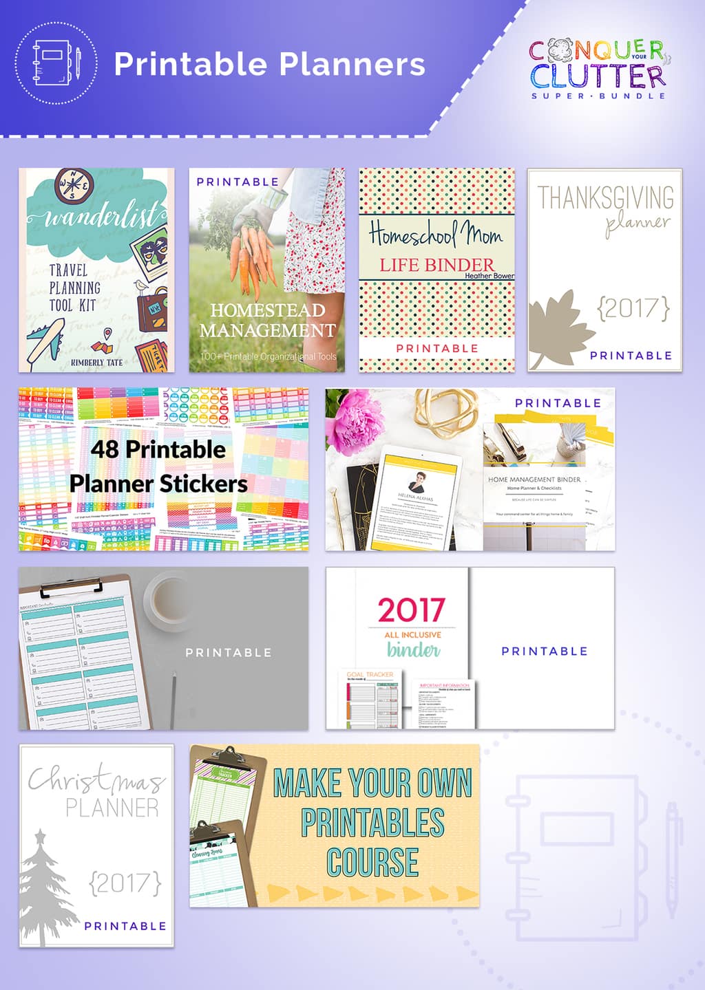 graphics of the covers of what's available in the Printable Planners section of the Conquer Your Clutter Super Bundle