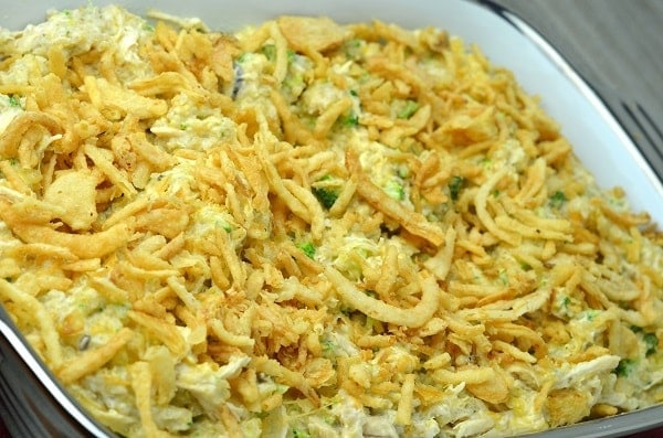 Chicken Broccoli Quinoa Casserole topped with french fried onions