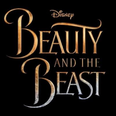 Disney "Beauty and the Beast" title logo in gold and silver gradient text on a black background, perfect for fans searching for Beauty and the Beast Coloring Pages inspiration.