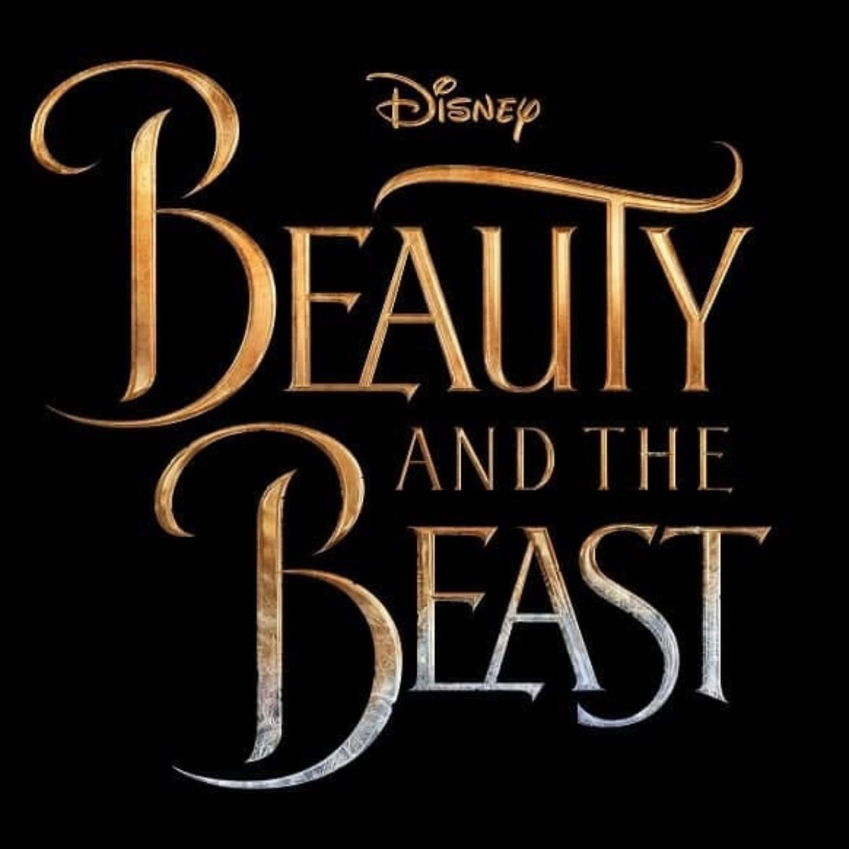 Disney "Beauty and the Beast" title logo in gold and silver gradient text on a black background, perfect for fans searching for Beauty and the Beast Coloring Pages inspiration.