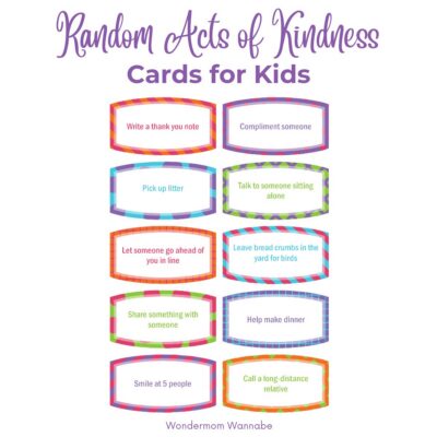 Ten colorful random acts of kindness cards for kids list fun ideas like writing a thank you note, complimenting someone, and helping make dinner.