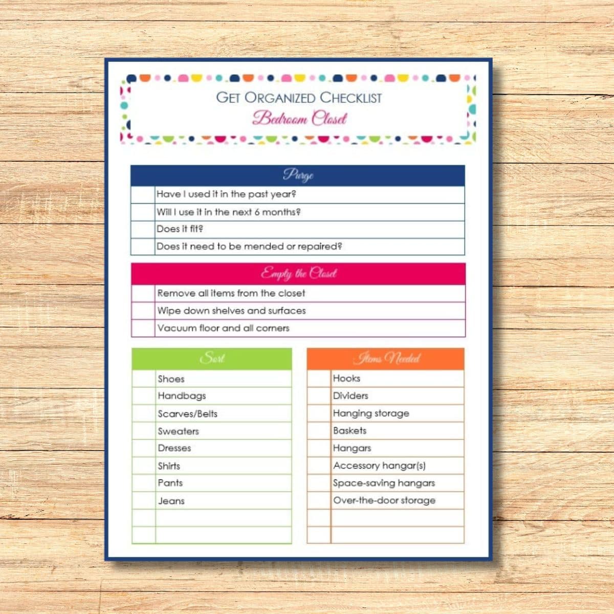 A get organized checklist for your bedroom closet, featuring sections to purge, empty the closet, sort items, and find storage solutions—perfectly displayed on a wooden surface.