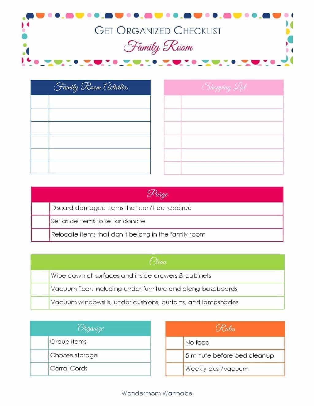 printable Get Organized Checklist Family Room
