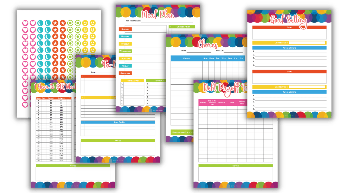 A set of colorful printable organizer sheets, inspired by life hacks for busy moms, including a meal plan, chore chart, goal setting sheet, debt payoff tracker, savings chart, and sticker icons.