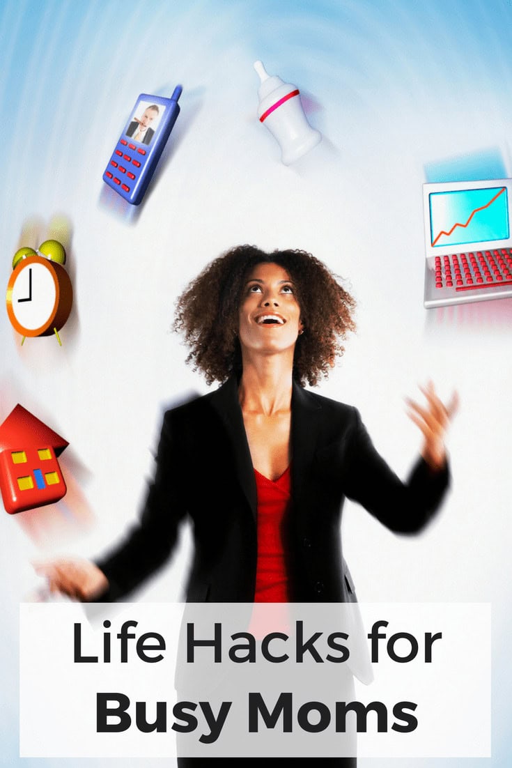 A woman in business attire juggles icons of a phone, bottle, laptop, alarm clock, and house, highlighting clever life hacks for busy moms.